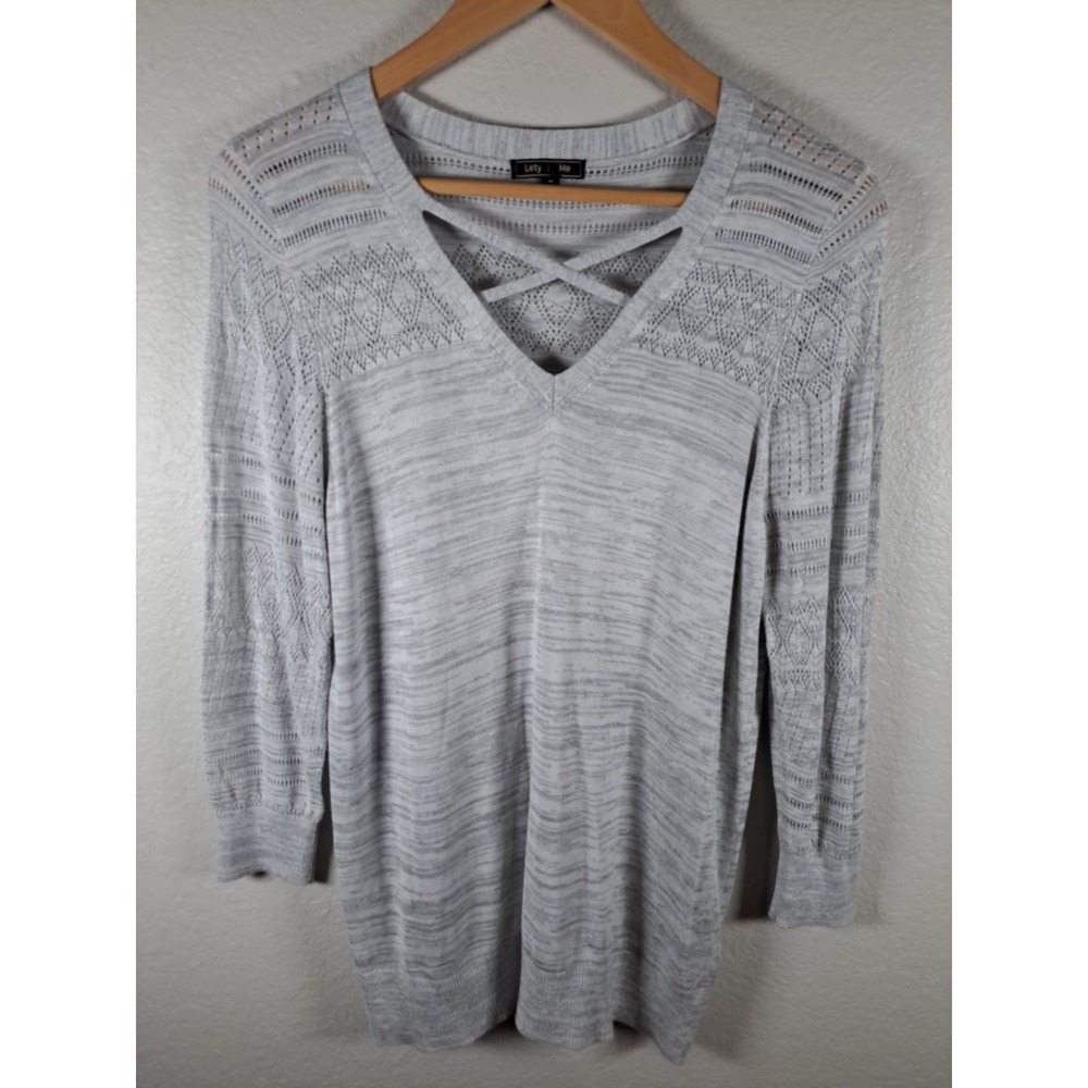 Lety & Me Womens Gray V-Neck Crisscross Pointelle Knit 3/4 Sleeve Sweater Size M